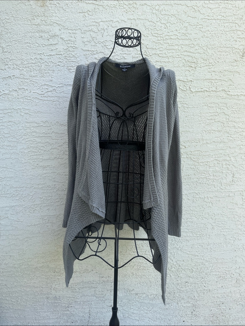 le chateau Gray Draped Waterfall Open-Front Hooded Cardigan Small